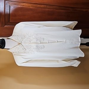 Vintage Ellen Parker Blouse 14 EMBROIDERY button down top 100% polyester cream